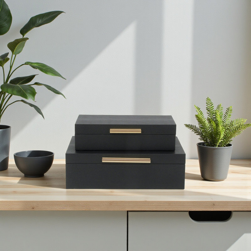Lusan Rectangular Decorative Box Set - Black Faux Snakeskin, Snakeskin