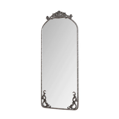 Arched Full Body Mirror With Vintage Ornate Carved Applique On Top And Bottom