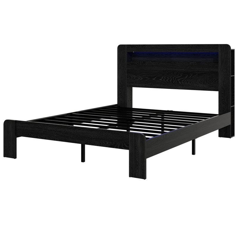 Wooden Bed Frame With Storage Headboard, Gray, Full