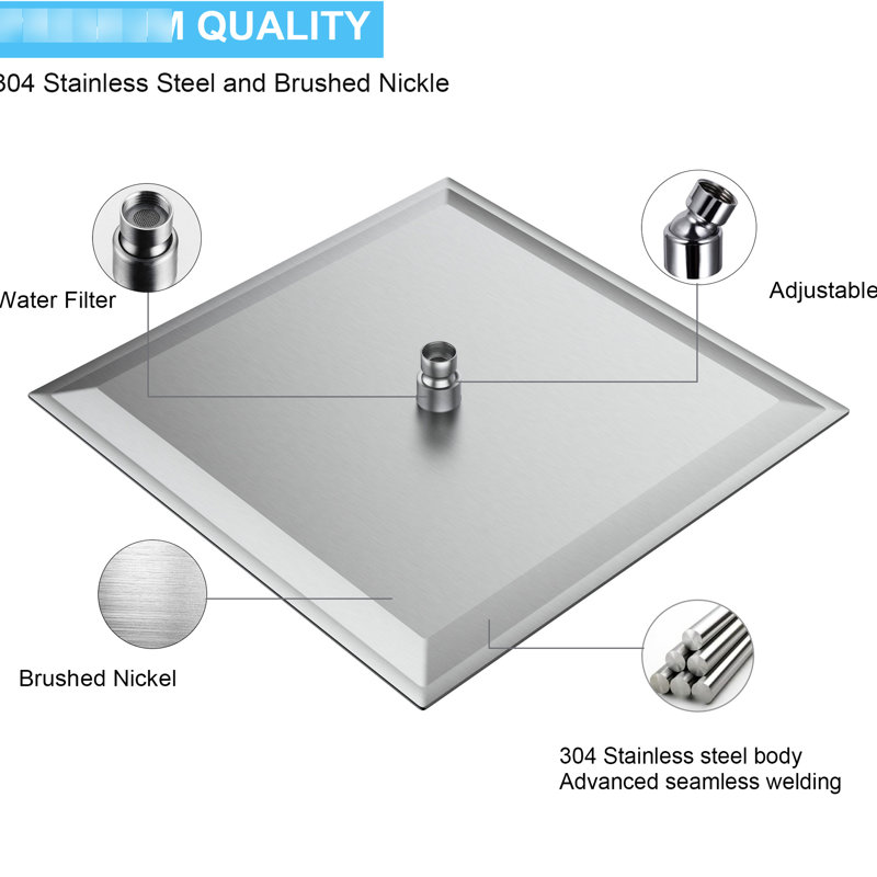 16" Square Shower Head - 304 Stainless Steel, High , Corrosive, 360 Rotatable, Brushed Nickel Surface Clog Nozzles, Rotating, Finish