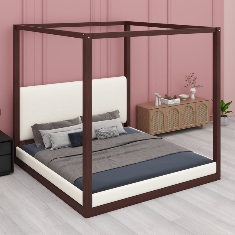Élégante base de lit à baldaquin avec tête de lit rembourrée pour une chambre luxueuse, King, Espresso