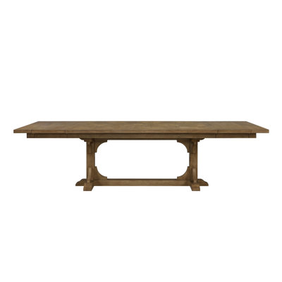 Table à tréteaux au fini amande, extensible de 213 à 290 cm, plateau à motif géométrique, placage, piètement en bois massif, largeur 112 cm, hauteur 76 cm, poids du placage : 104 kg