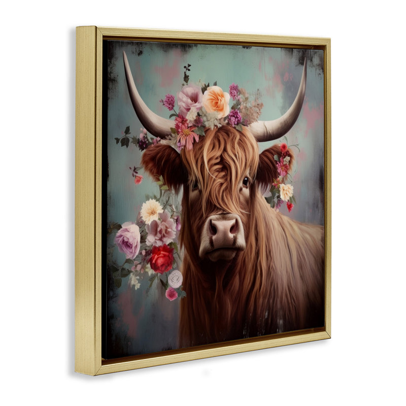 Vache avec fleurs rétro, Cadre flottant métallique doré, H 25 po x l 25 po