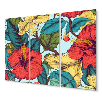 Corail bleu sarcelle tropical Hibiscus Harmony II - ensemble de décoration murale floral en métal