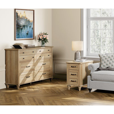WAMPAT 2 Piece Bedroom Set - Includes Mid Century 8 Drawer Dresser, Side Table With Charging Station & Storage Cabinet, 2 Piece Dresser And Nightstand