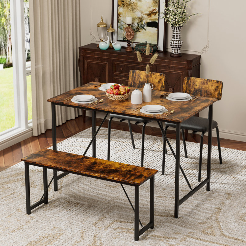 Samir 4-Piece MDF Dining Table Set with Metal Legs, Gray/Black, 1 Table, 4 Chairs, 1 Bench, Brown
