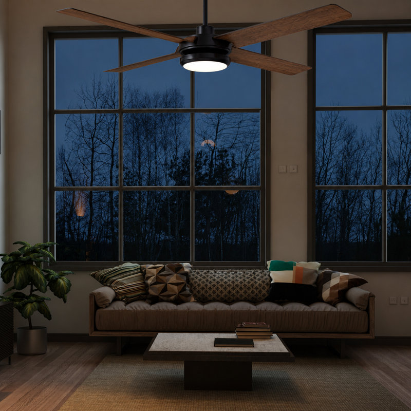 Burslem 56'' Indoor / Outdoor Ceiling Fan with Light and Remote, Color Changing LED, 6-Speed, 4-Blade, Quiet DC Motor – Matte Black with Dark Brown Wood Blades