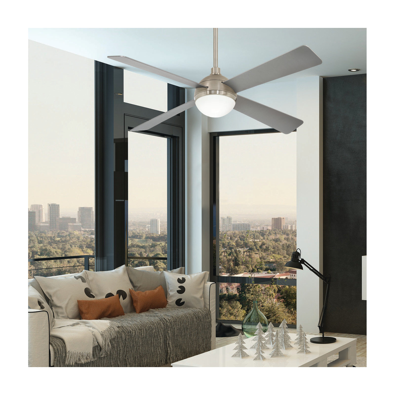 54" 4 - Blade LED Standard Ceiling Fan with Remote Control and Light Kit Included, Brushed Steel with Silver Blades