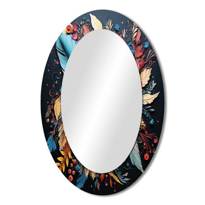 Bouquet de fleurs bohème en bleu et or I - Miroir décoratif ovale abstrait sur métal, 36 po x 24 po