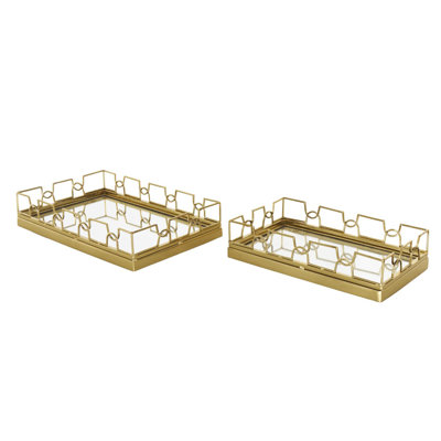 Stainless Steel Metal Geometric Decor Gold Tray with Wire Rod Frame and Mirrored Glass Interior Set