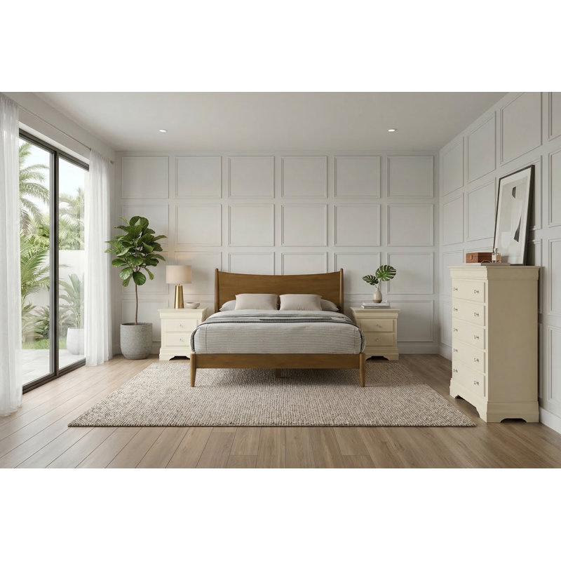 Barvelle Solid Wood 4 Pieces Bedroom Set, 4 Pcs: Bed, Chest, 2 Nightstand, Ivory/Walnut