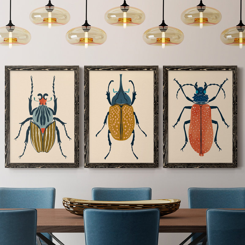Beetle Bug I - ensemble de 3 peintures sur toile encadrées, H 43,5 po x l 31,5 po x P 1 po, Toile avec cadre noir