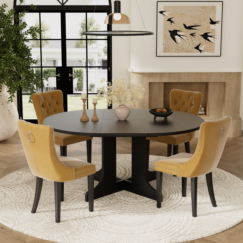 5 Pieces Modern Farmhouse Black Round Dining Set with Mid-century High-end Tufted Dining Chair Set for 4, Black, Yellow