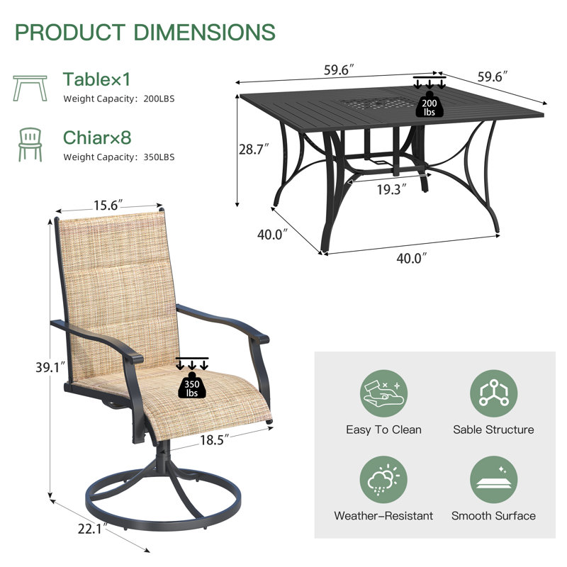 9 Piece Patio Dining Set, Outdoor Dining Table And Chairs Set For 8, 8 Swivel Chairs, 1 Iron Square Table With Adjustable Umbrella Hole, Patio Furniture Set For Deck, Backyard, Lawn, Poolside, Brown/gray/blue