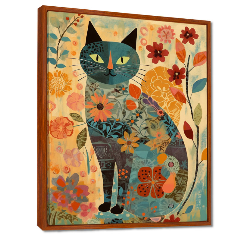 Boho Cat Flower Collage - Art mural chat, Toile avec cadre brun, H 20 po x l 12 po x P 1 po