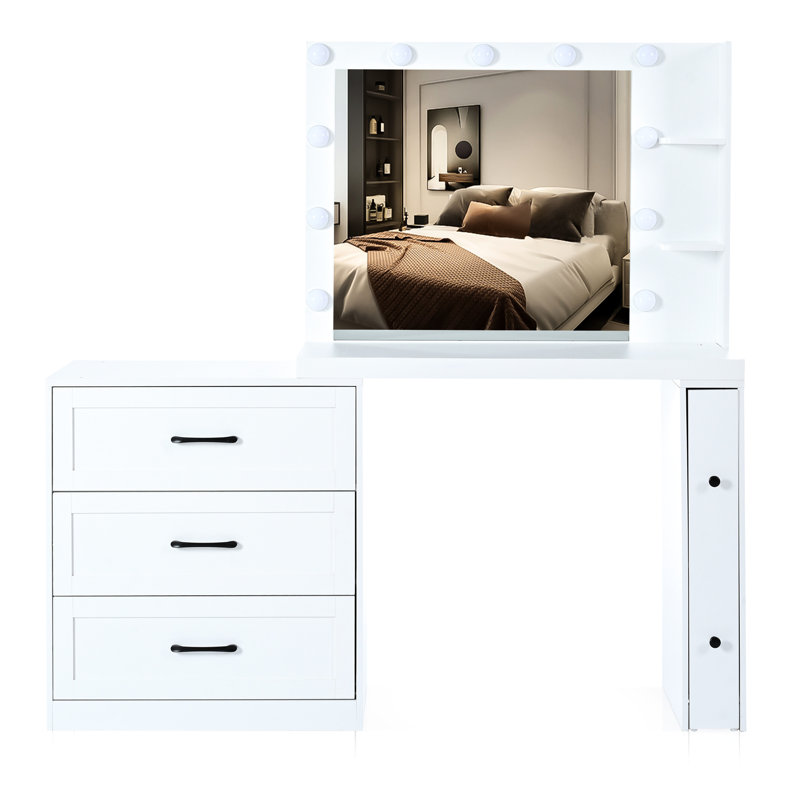 Table de maquillage 55,2 po avec armoire latérale et 2 tablettes, meuble-lavabo blanc élégant avec 5 tiroirs de rangement