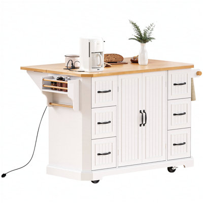 56 inch Kitchen Island with Rubber Wood Veneer Drop Leaf, Power Outlet, 4 Door Shelves, Embossed Vertical Stripe Rolling Kitchen Cart on 4 Wheels with 6 Deep Drawers for Kitchen, Dining Room,White