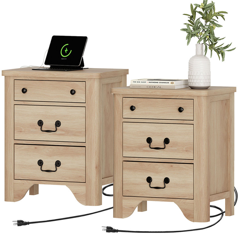 Farmhouse Wood Nightstand With Built-In Charging Station,3-Drawer End Tables For Bedroom, Living Room, Entryway, Set of 2