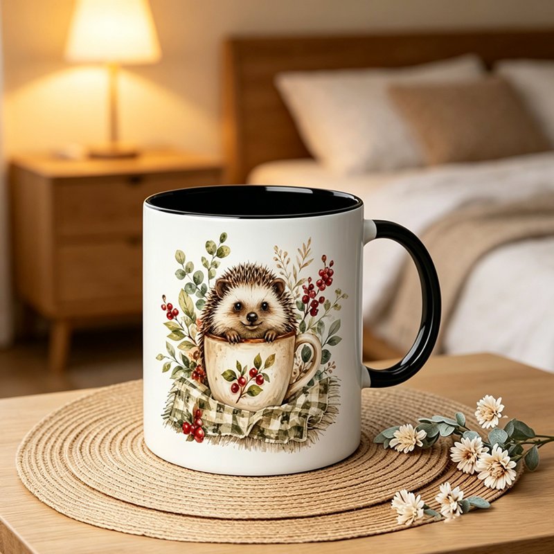 Cute Ceramic Mug with Adorable Hedgehog in Coffee Cup Surrounded by Berries and Leaves Desig.