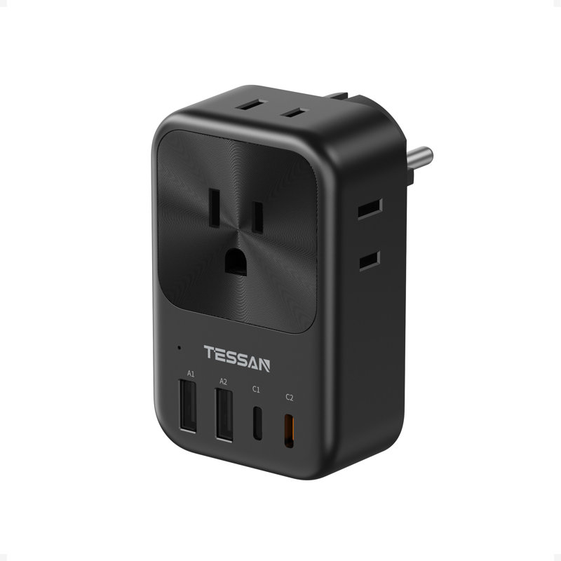 Adaptateur de voyage TESSAN 8 en 1 US vers DE PD 20 W avec 4 prises secteur, 2 ports USB-C et 2 ports USB-A de type F. Compatible avec la France, l'Allemagne, l'Espagne, l'Islande et la Corée.