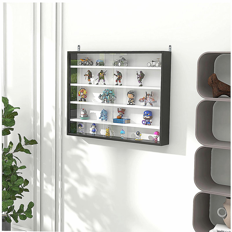 HOMCOM 5-Tier Display Cabinet, Glass Display Case with 2 Doors and Adjustable Shelves, Wall-Mounted, Black, White