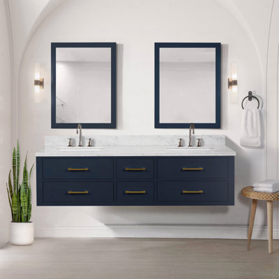 Meuble-lavabo double 72 po de largeur x 22 po de profondeur, comptoir en marbre de Carrare