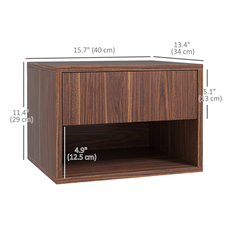 Floating Nightstand Set of 2 with Drawer and Shelf, Brown