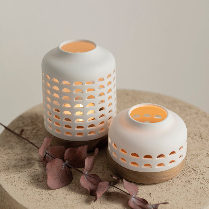 Lantern With Cutouts - Porcelain & Acacia Wood - Small