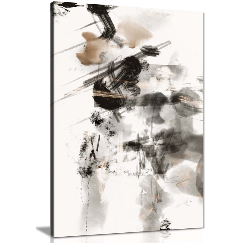 Abstract Black & Grey Paint Strokes - Wrapped Canvas Painting, 46cm H x 31cm W