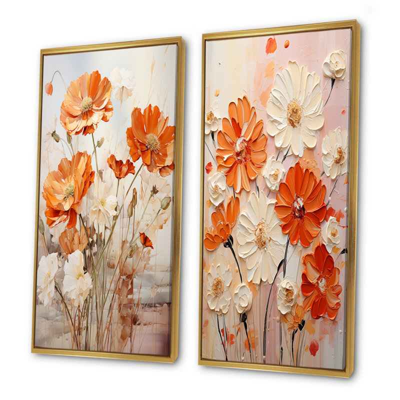 Ensemble de 2 reproductions d'art sur toile orange et beige Fiery Blooms I - souci, Cadre flottant doré, H 32 po x l 33 po