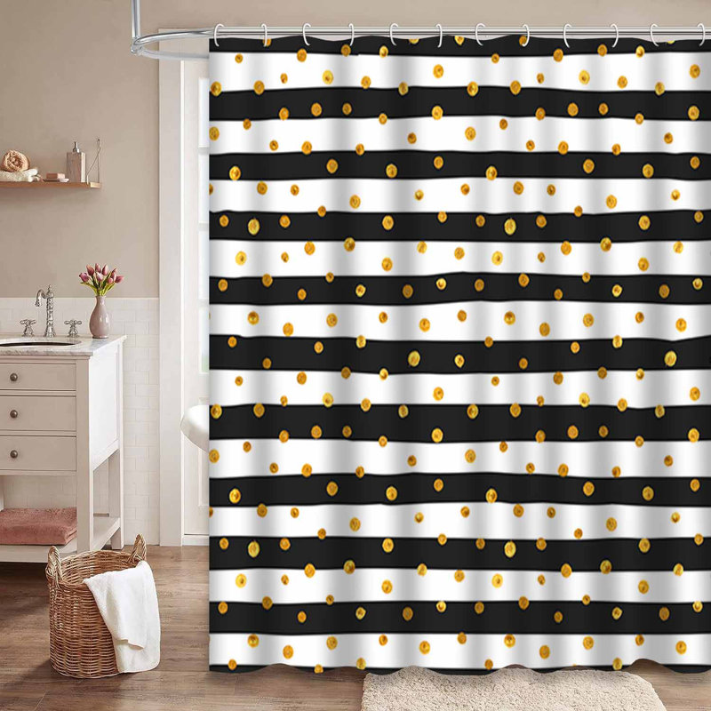 Rideau de douche à pois sans couture blanc et noir avec 12 crochets, L 72 po x l 78 po