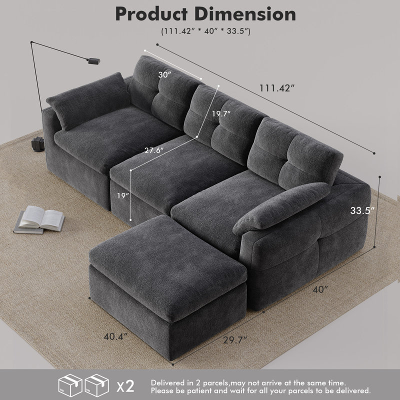 Canapé modulaire 4 pièces Boneless, Chenille noir