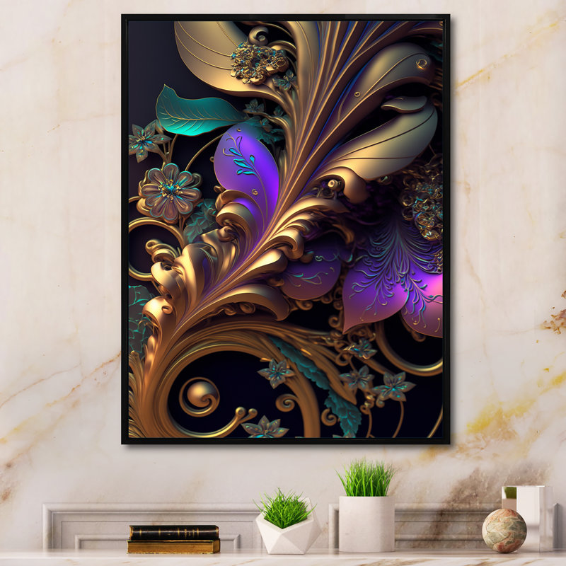 Fleurs abstraites ornées en mauve et or V - art mural floral, H 20 po x l 12 po x P 1 po, Toile à cadre flottant noir