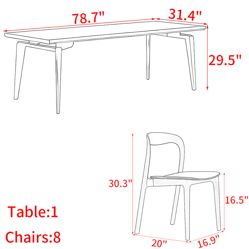 Ensemble de table de salle à manger en bois massif de style nordique, H 29,5 po x L 78,7 po x l 31,4 po