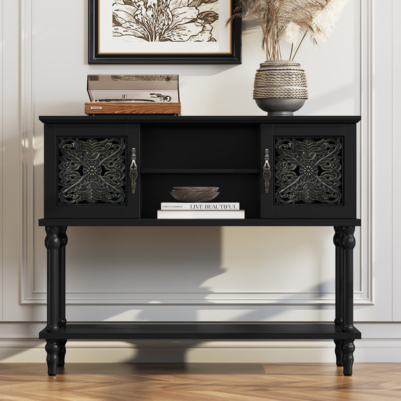 42" Carved Wood Console Table with Cabinets and Shelves, Solid Wood Legs for Entryway, Black, Black