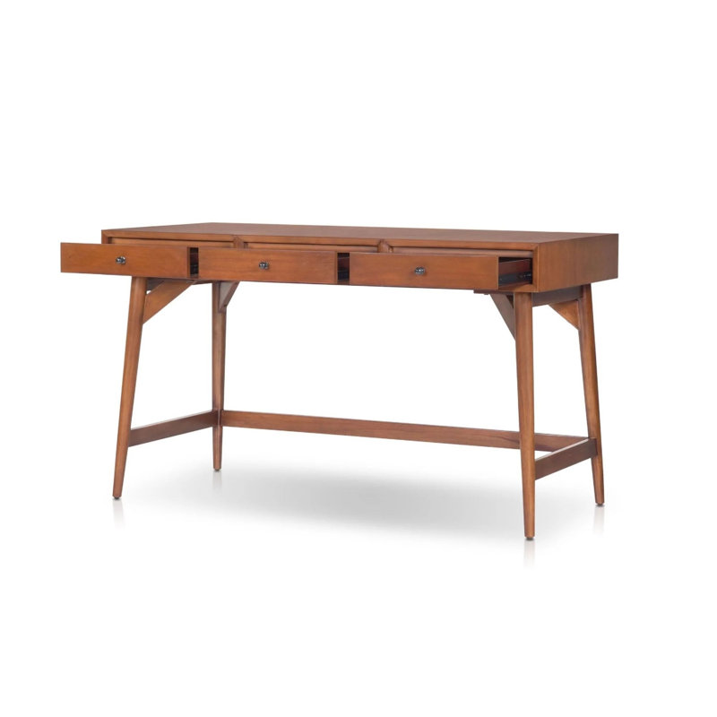 Ian Large Office Desk, 3 Felt Lined Drawers, Chestnut Brown Wood 52 Inch