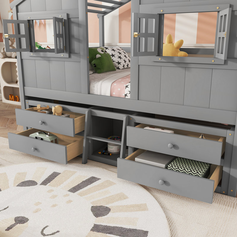 Lit mezzanine double avec toit, gris