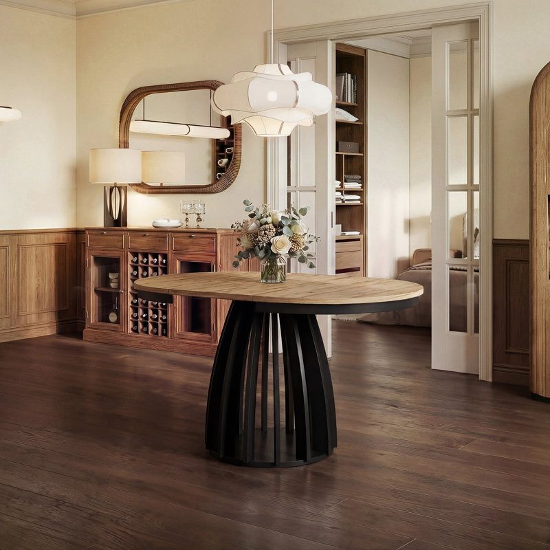 Extendable Round Dining Table, Black, Brown