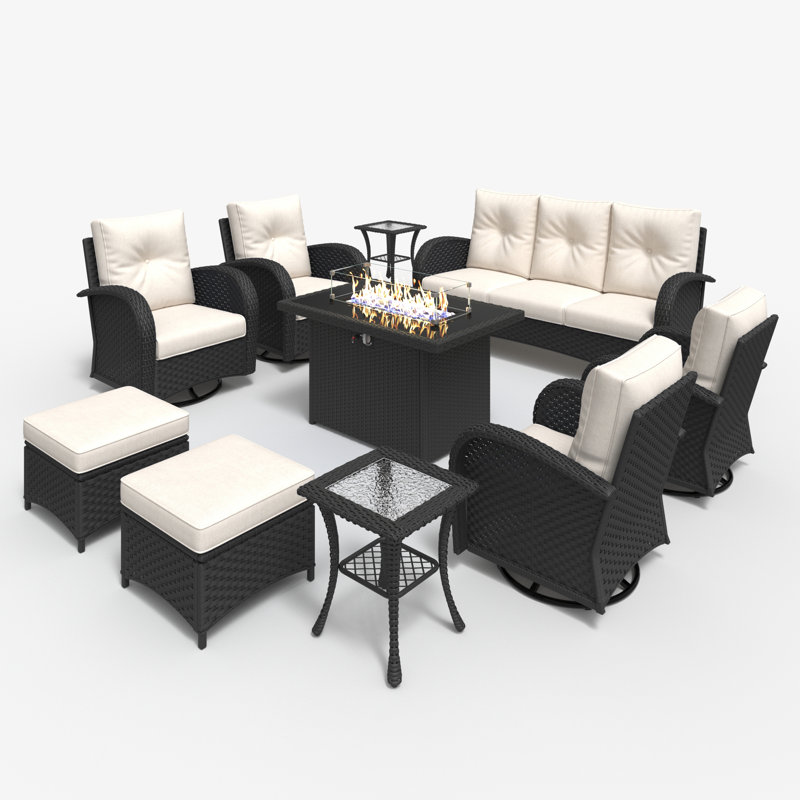 Red Barrel Studio® 10 Pieces Outdoor Patio Furniture Set with Fire Pit Table, Rattan Wicker Sectional Swivel Rocker Chairs Sets