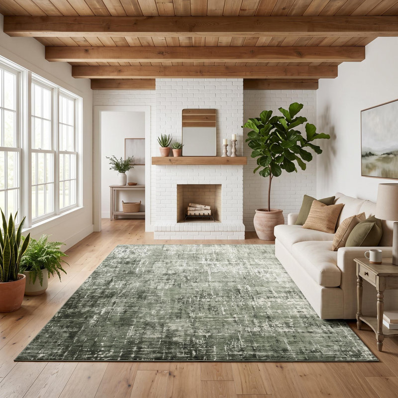 Tapis de salon abstrait en fausse laine lavable, Gris-vert, 9 x 12 pi