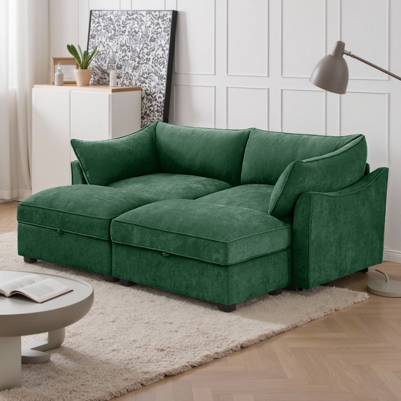 Canapé modulaire en tissu de chenille 2 places avec 2 repose-pieds mobiles et tiroirs de rangement cachés sous chaque siège, conception moderne et peu encombrante