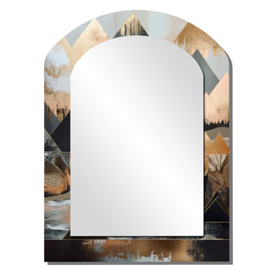 Black And Gold Geometric Horizons - City Arch Decorative Mirror, Modern Asymmetrical Wall Mirror, Printed Metal Art