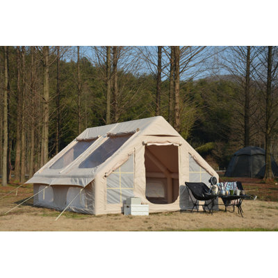 9.8 X13ft  Inflatable Camping Tents With Hand Pump, Air Glamping Tents, Easy Setup Waterproof And Windproof Blow Up Tent, 4 Seasons Oxford Cabin Tent With Mesh & Chimney Window