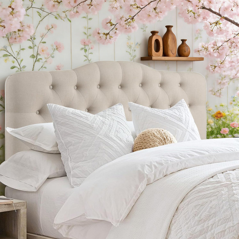 Tufted Upholstered Wingback Headboard, Solid Wood Head Board with Wood Legs, Adjustable Height Bed headboard from 47” to 63” Fabric Headboard in Modern Button Design, Beige