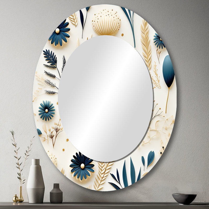Miroir mural ovale bleu et blanc, H 43 po x l 33 po