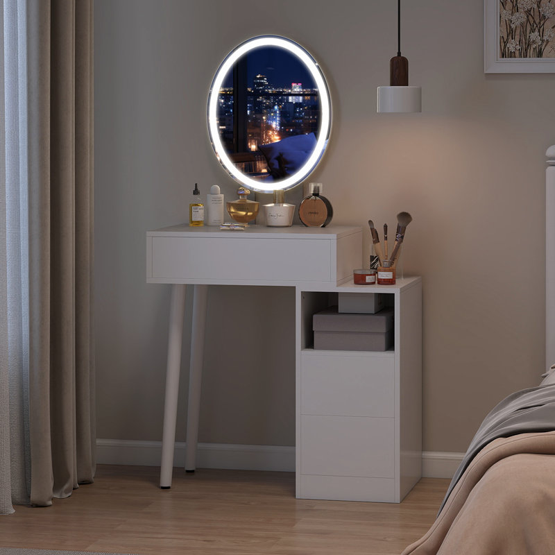 Small Vanity Table Set With Adjustable Brightness Mirror without Stool