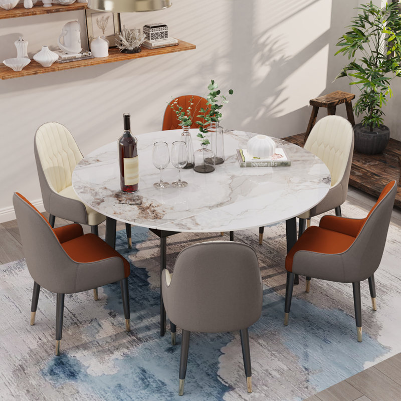 Champale Extendable Round Stone Top Dining Table with Iron Base, White Marble