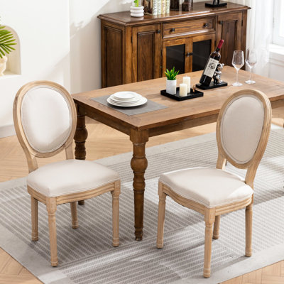 De 2 chaises de salle à manger, style français, lin beige, structure en bois massif, finition antique, revêtement en lin de style expérience enchanteresse, structure avec effet, chaises confortables