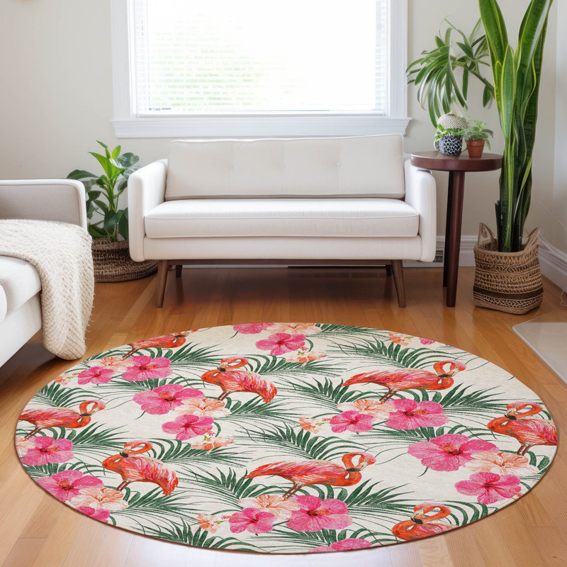 Premium Machine Washable Cerrito AMF207 Pink Rug, Round 8'