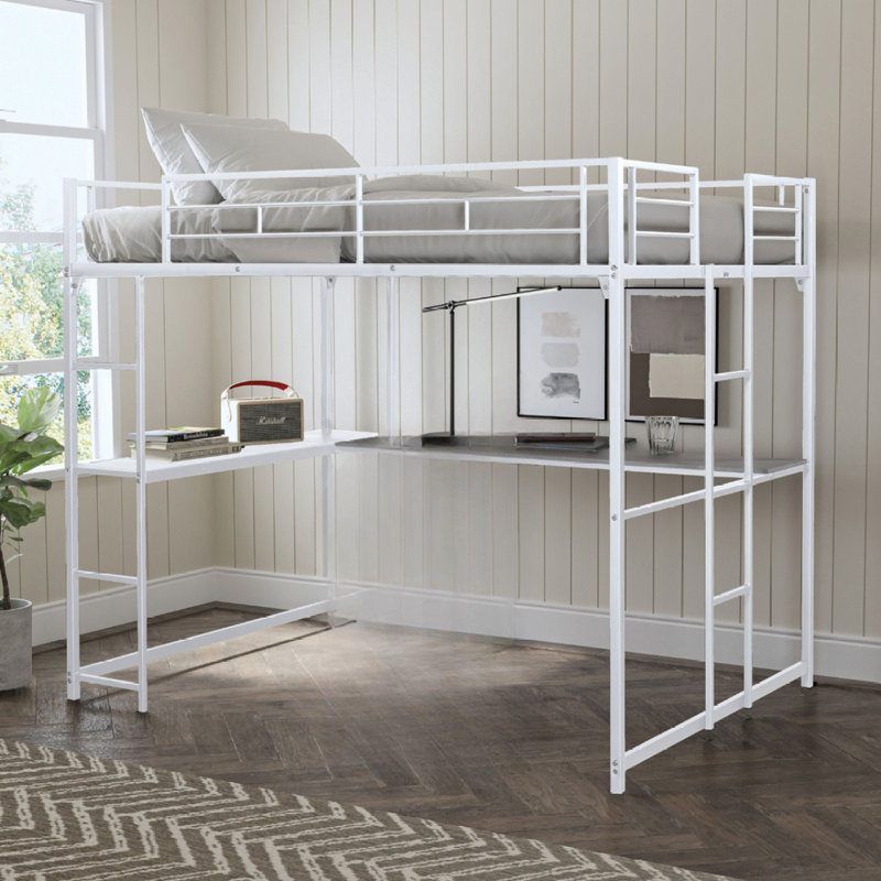 Lit mezzanine double de style contemporain avec deux échelles et structure en métal, blanc, Blanc
